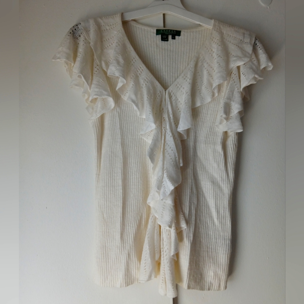 Lauren Ralph Lauren Cream Ruffle Knit Top Size Petite L